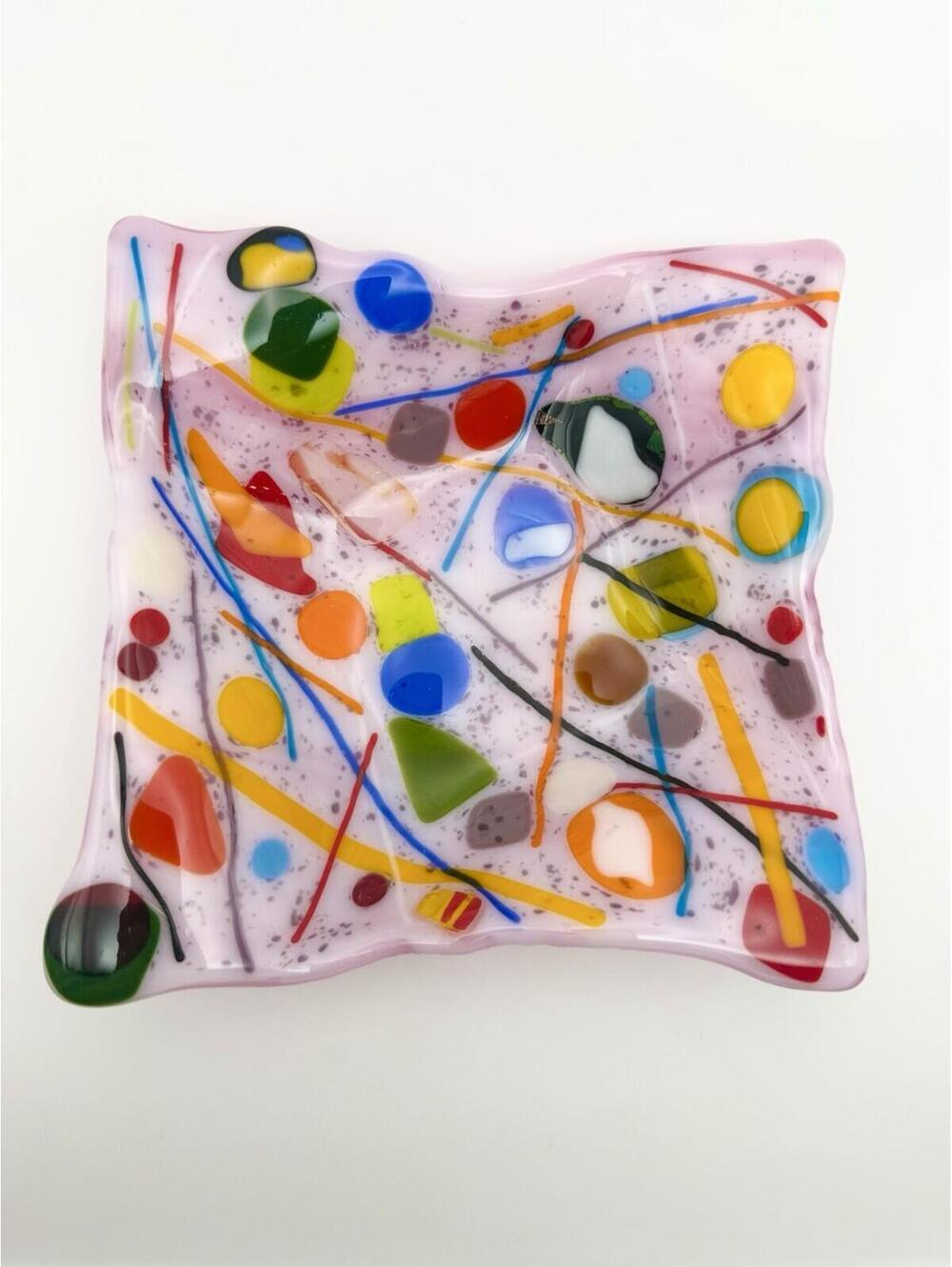Handmade Fused Art Glass Square Trinket Dish Ashtray Abstract Multicolor Pink
